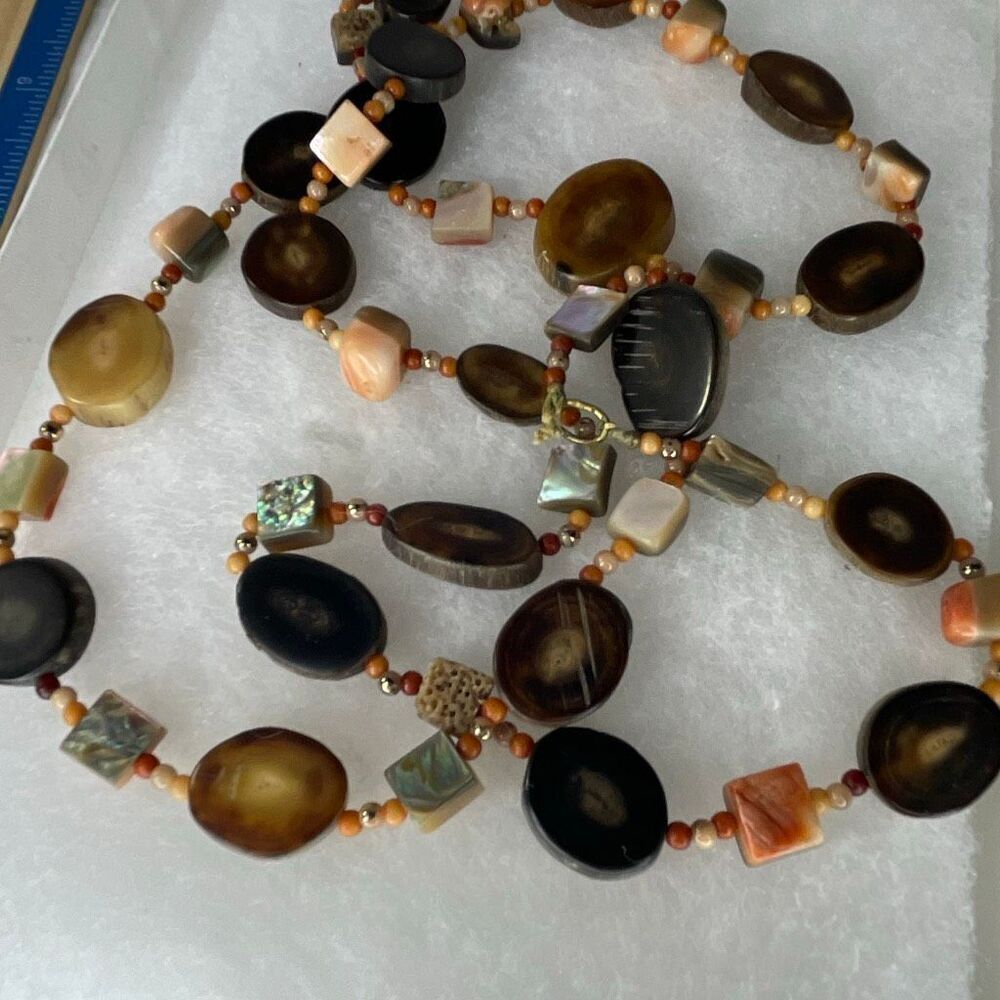 Vintage long 32” petrified wood, abalone, mother of pearl 60’s necklace